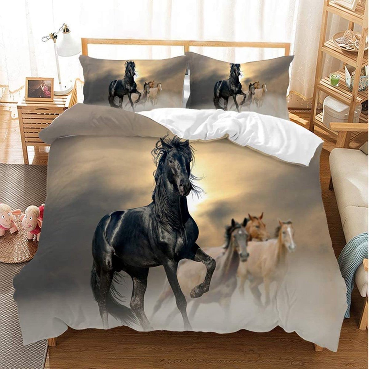 CXYXHW Paard Beddengoedset 3-delig 3D-druk Dieren Paard Motief Bedovertrek, Microvezel, met Kussenslopen, voor Tiener - ShopVlot
