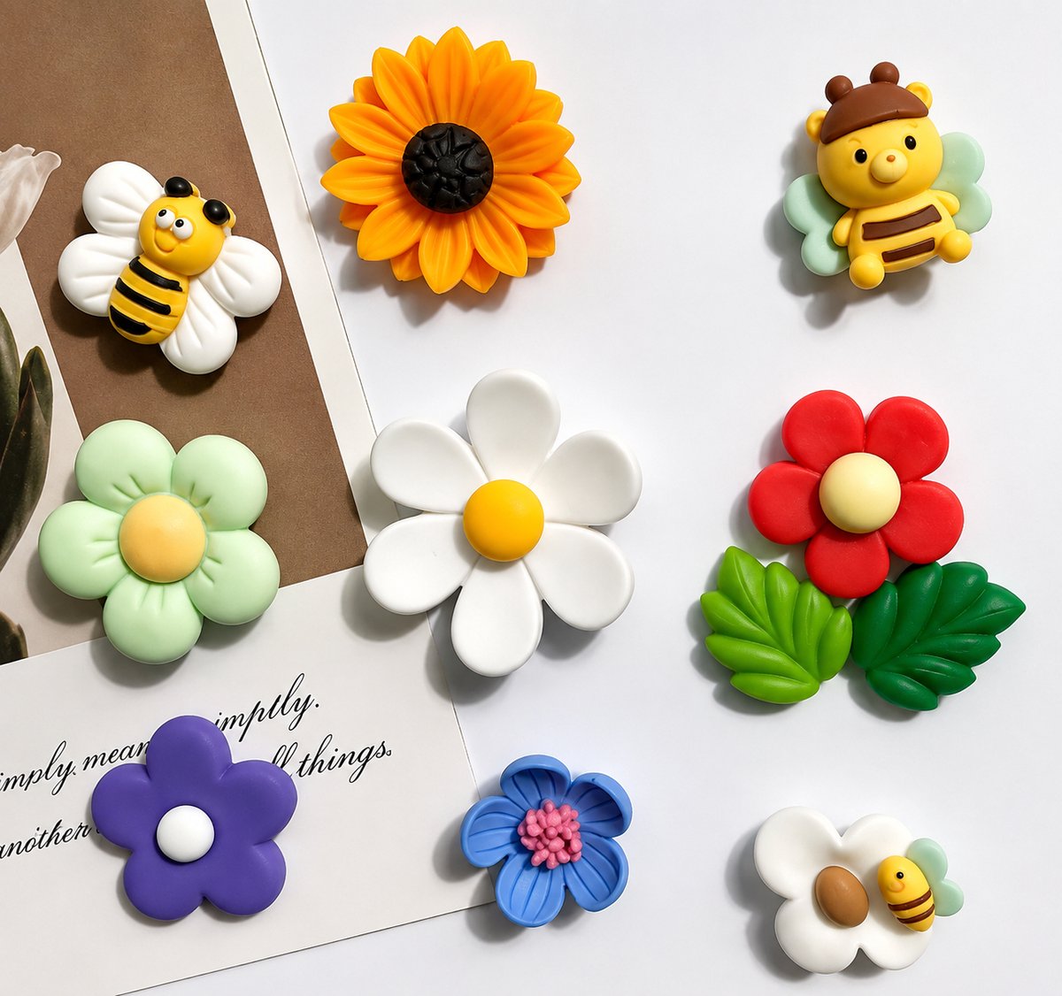 TLVX 11 stuks Sterke Koelkastmagneten 3D / Leuke Magneetjes / Sterke Foto Magneet / Whiteboard / Speel- en Leer / Schoolbord / Memo / Boodschappenlijst / Notitie / Kantoor / Schoolbord / Magnetisch / Gekleurde Bloemen, Bij en Bladeren Magneten