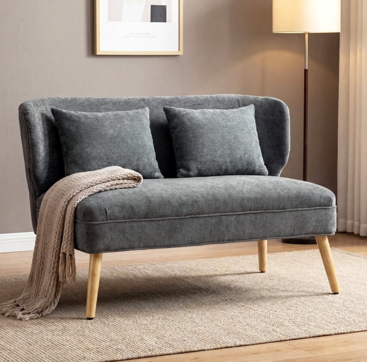 MODENUIT Zitbank 117 cm - Compact Voor Kleine Ruimtes - 2-Zits Met 2 Kussens - Chenille - Grijs