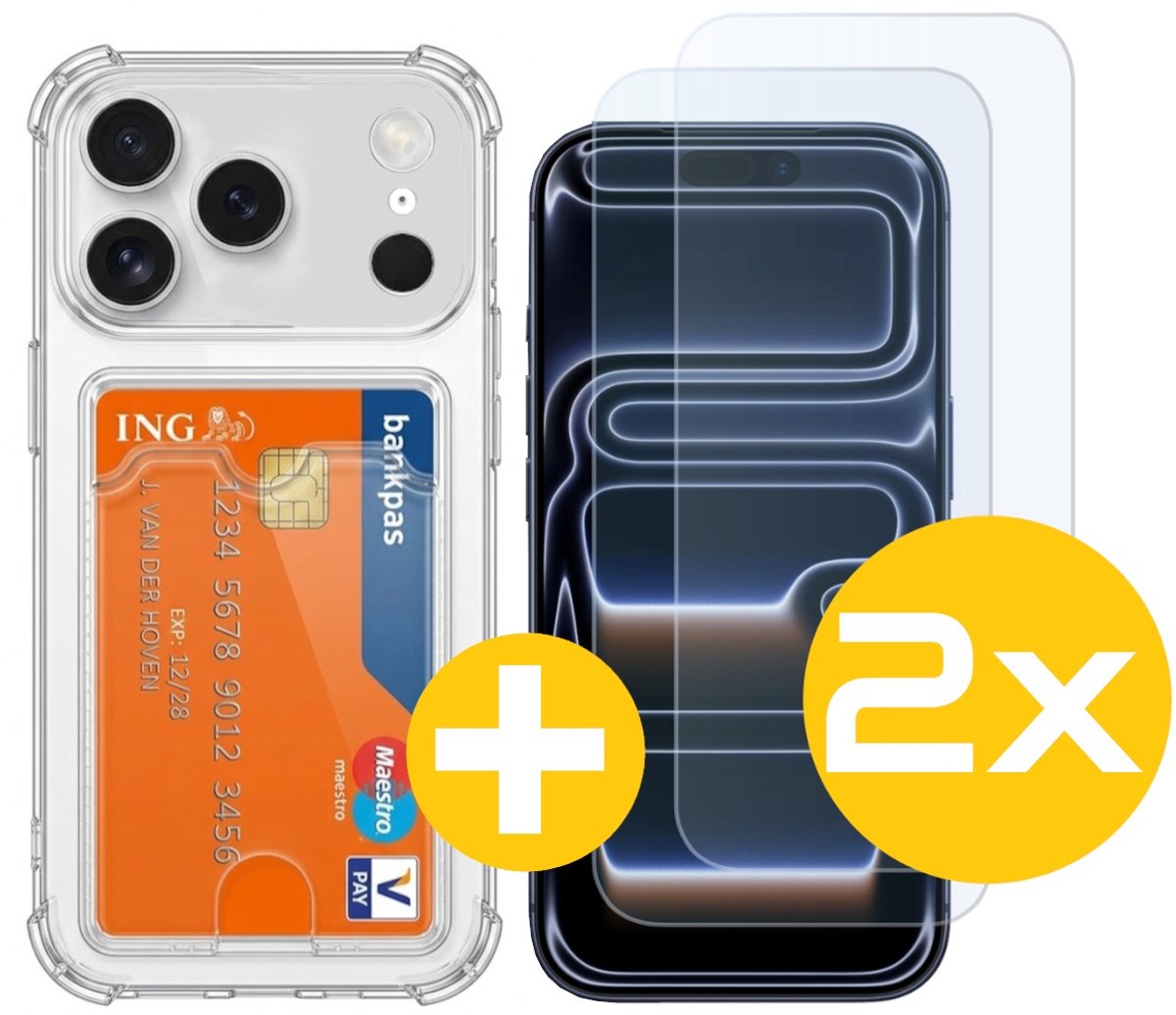 Pashouder Hoesje en Screenprotector Combi Geschikt Voor iPhone 17 Pro Max - Pasjeshouder + 2x Screenprotector