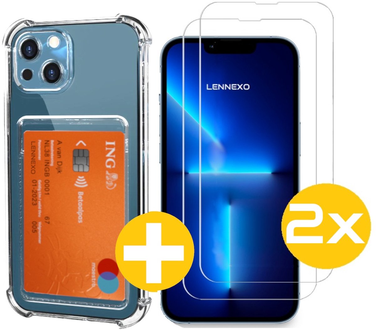 Pashouder Hoesje en Screenprotector Combi Geschikt Voor iPhone 13 - Pasjeshouder + 2x Screenprotector
