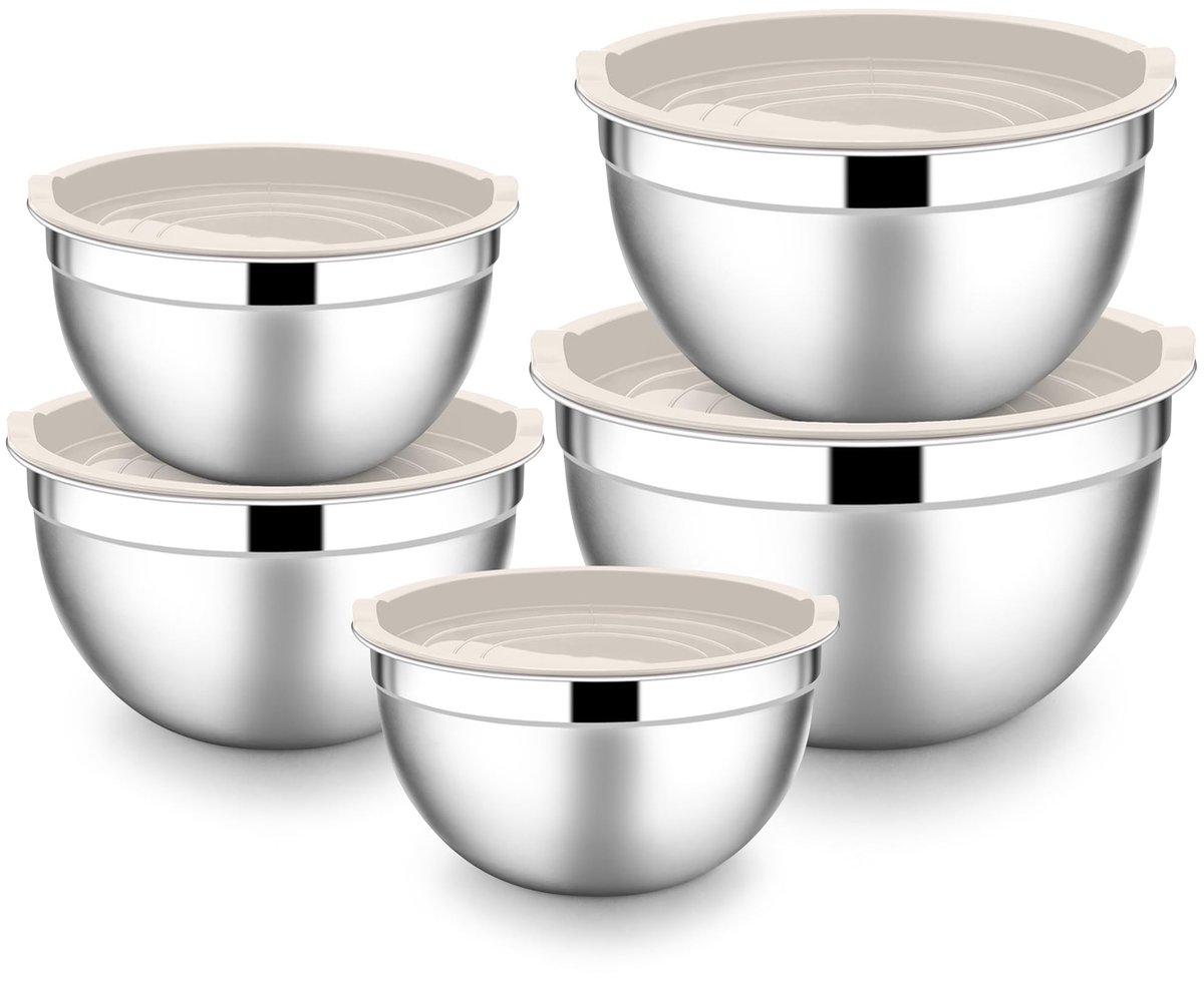 Famanu – Mengkommen set van 5 stuks van roestvrij staal met luchtdichte deksels, 4,5 l / 2,7 l / 1,5 l / 1,2 l / 0,7 l, ideaal voor koken, bakken en bewaren