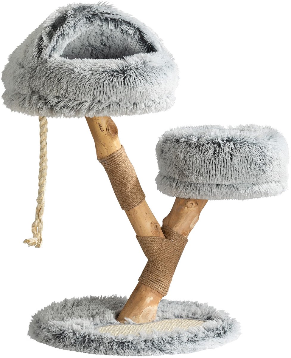 Famanu – Designer krabpaal in takkenmodel van 80 cm met pluche en perenhout, kattenkrabpaal met grot