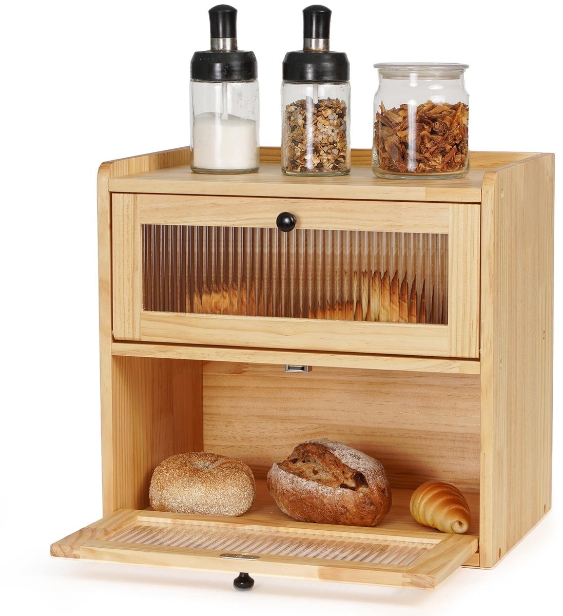 Famanu – Houten broodtrommel voor keuken, dubbeldekker grote voedselcontainer met zelfgemaakte voorkant opening, vintage stijl, 36.5x24x34 cm, houtkleur, L