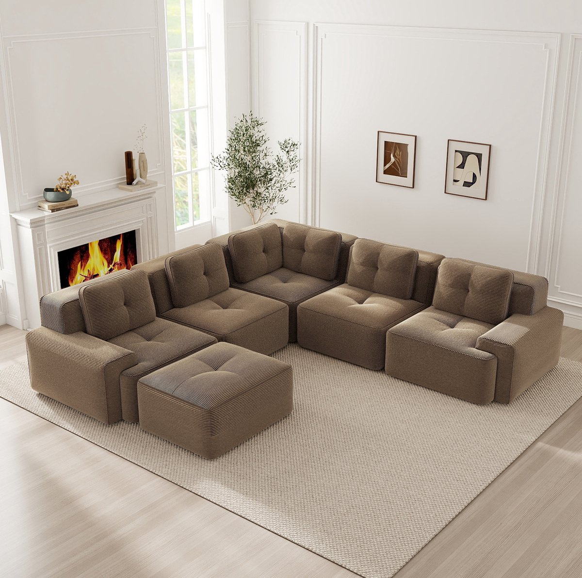 MODENUIT U-bank 295 cm - Modulair Met Ottomane - 5-Zits Voor Woonkamer En Bureau - Corduroy - Bruin