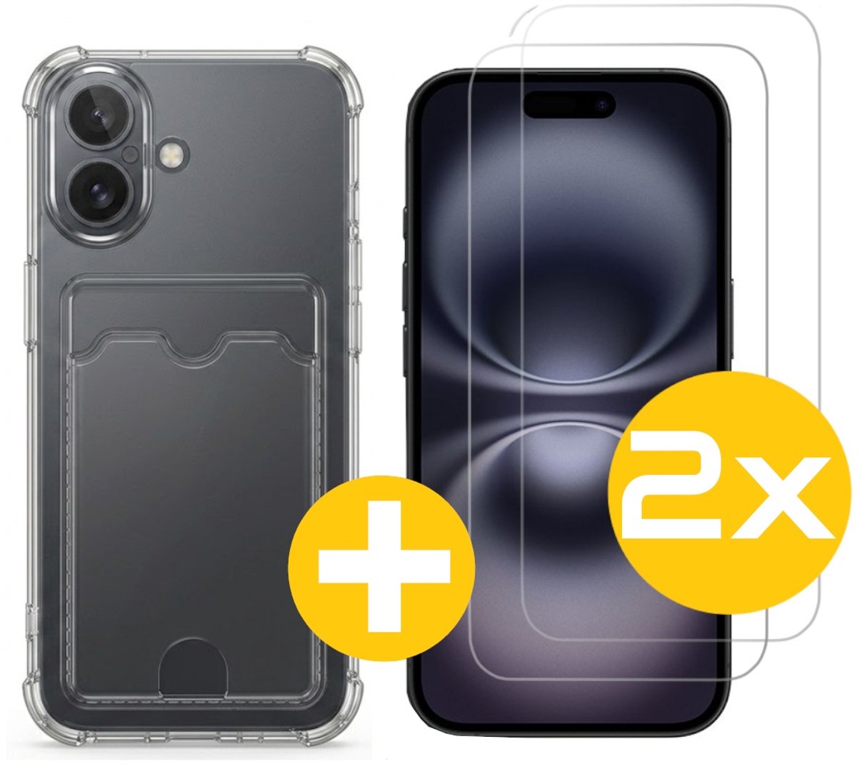 Pashouder Hoesje en Screenprotector Combi Geschikt Voor iPhone 16 - Pasjeshouder + 2x Screenprotector