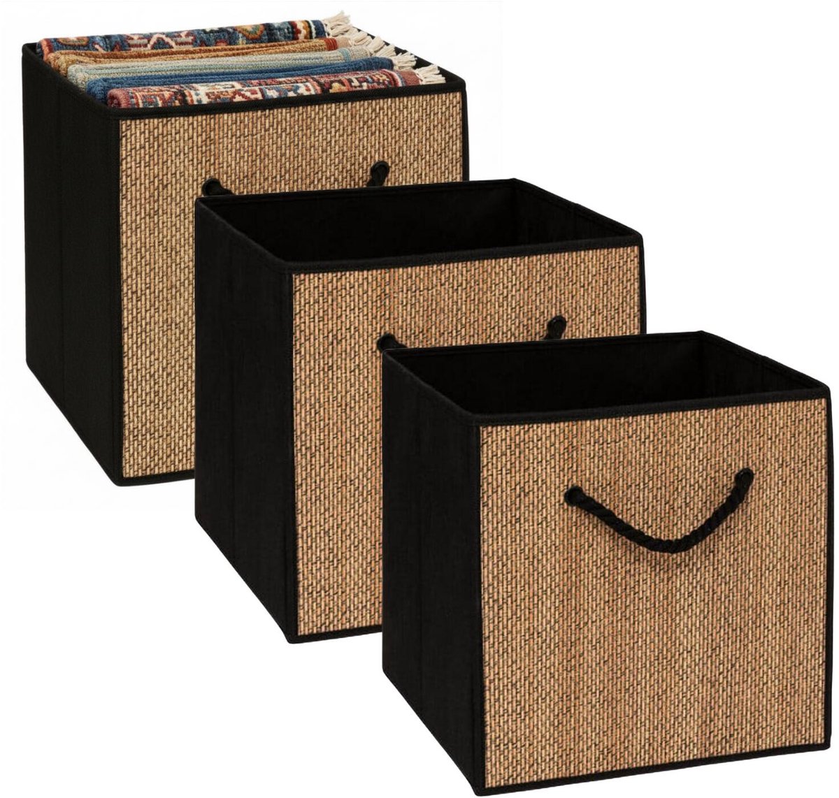 5Five opbergmand kastmand - 3x - jute/karton - beige/zwart - 31 x 31 x 31 cm - hengsel touw - Vakkenkast manden