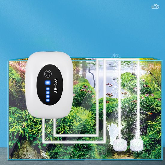 Aquariumluchtpomp - Uitgerust met twee luchtuitgangen - Inclusief luchtsteen, luchtslang en terugslagklep - Luchtpomp - Draagbaar - Geschikt voor aquariums, visverblijven, transport en stroomuitval - USB-interface - SB-228 dubbele uitgang - Wit — afbeelding 4