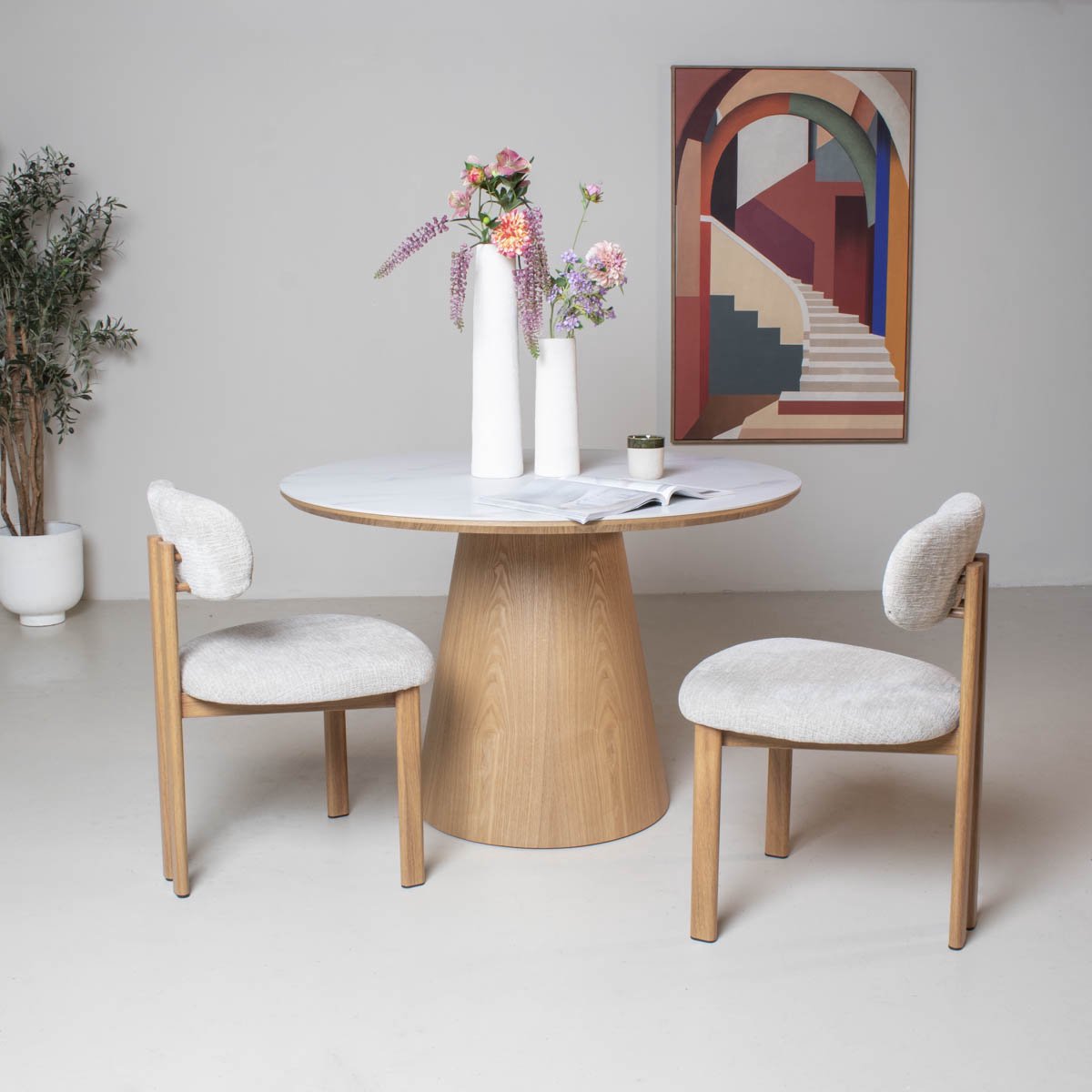 Giga Meubel Eettafel Alba - Wit Keramiek/Naturel - Ø115x77cm