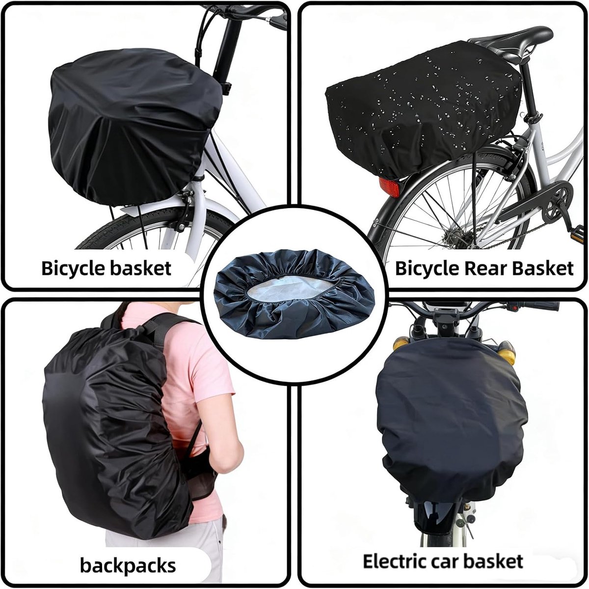 Regenbescherming fietsmand 80x90cm - zwart-zilver design - voor voorkant en achterkant - houdt boodschappen droog - ShopVlot
