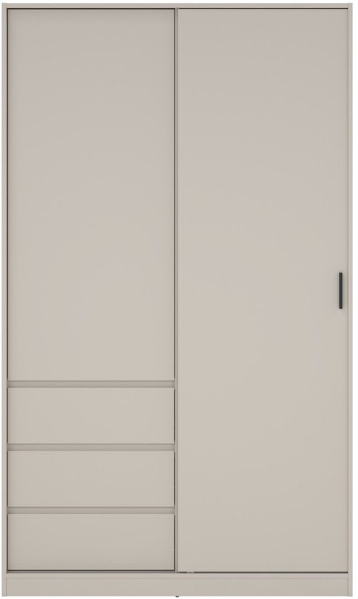 Een beige kledingkast met schuifdeur, 2 deuren en 3 lades, geïsoleerd op een witte achtergrond.