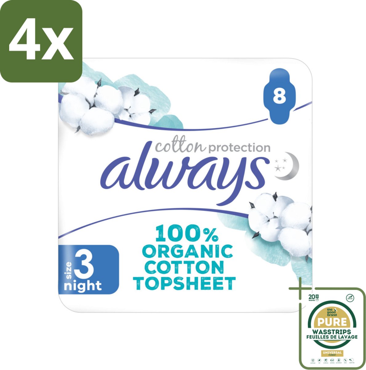 Always - Maandverband - Night - Cotton Protection - Met Vleugels - 8 Maandverband - Voordeelverpakking - 4 stuks - Biologisch katoen - Gevoelige huid
