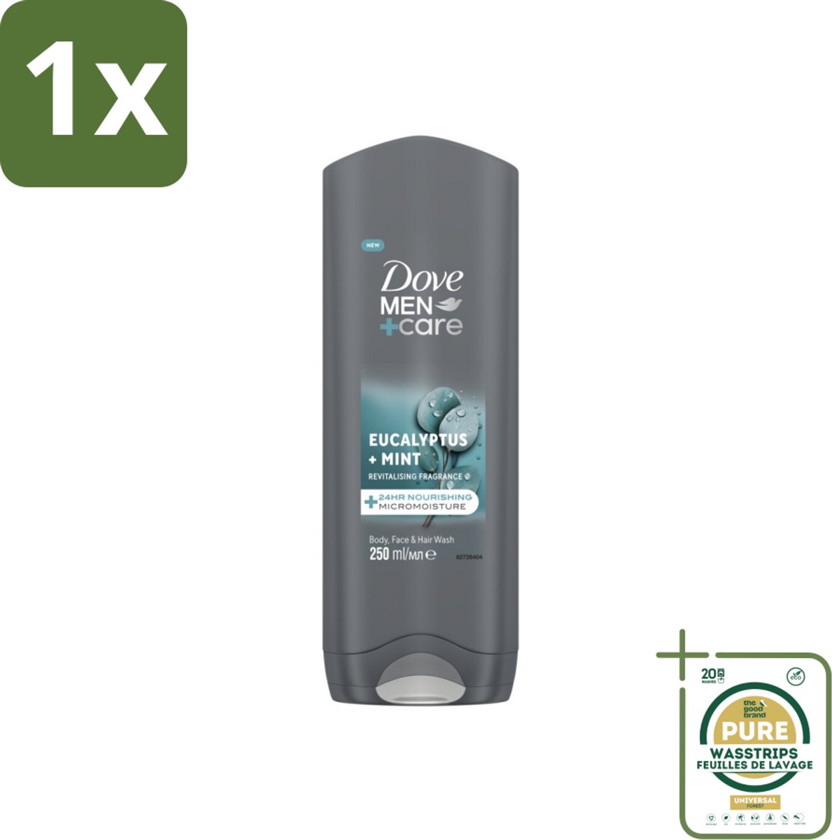 1 x Dove Men+Care Douchegel - Eucalyptus & Mint - 250 ml- Douchegel Mannen - Hydraterend Bodywash - Gezicht En Haar Verzorging - Eucalyptus En Munt - 3-in-1 Bodywash