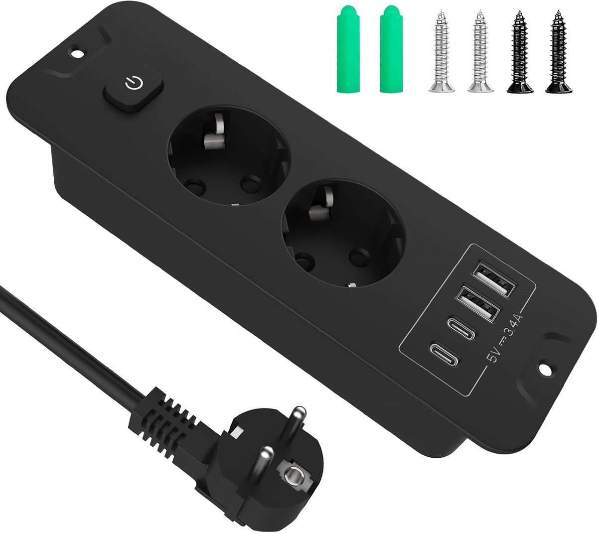 Inbouwstopcontact met USB - Zwart - 2-voudig - 4000W met 2 USB A en 2 USB C - Voor Thuis en Kantoor