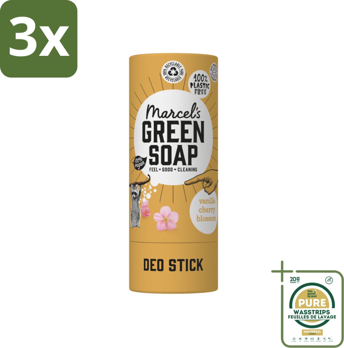 3 x Marcel's Green Soap - Deodorant Stick - Vanille & Kersenbloesem - Langdurige frisheid - 40 gr - Grootverpakking - Deodorant Stick - Vanille & Kersenbloesem - Duurzame Deodorant - Vegan Deodorant - Biologische Deodorant