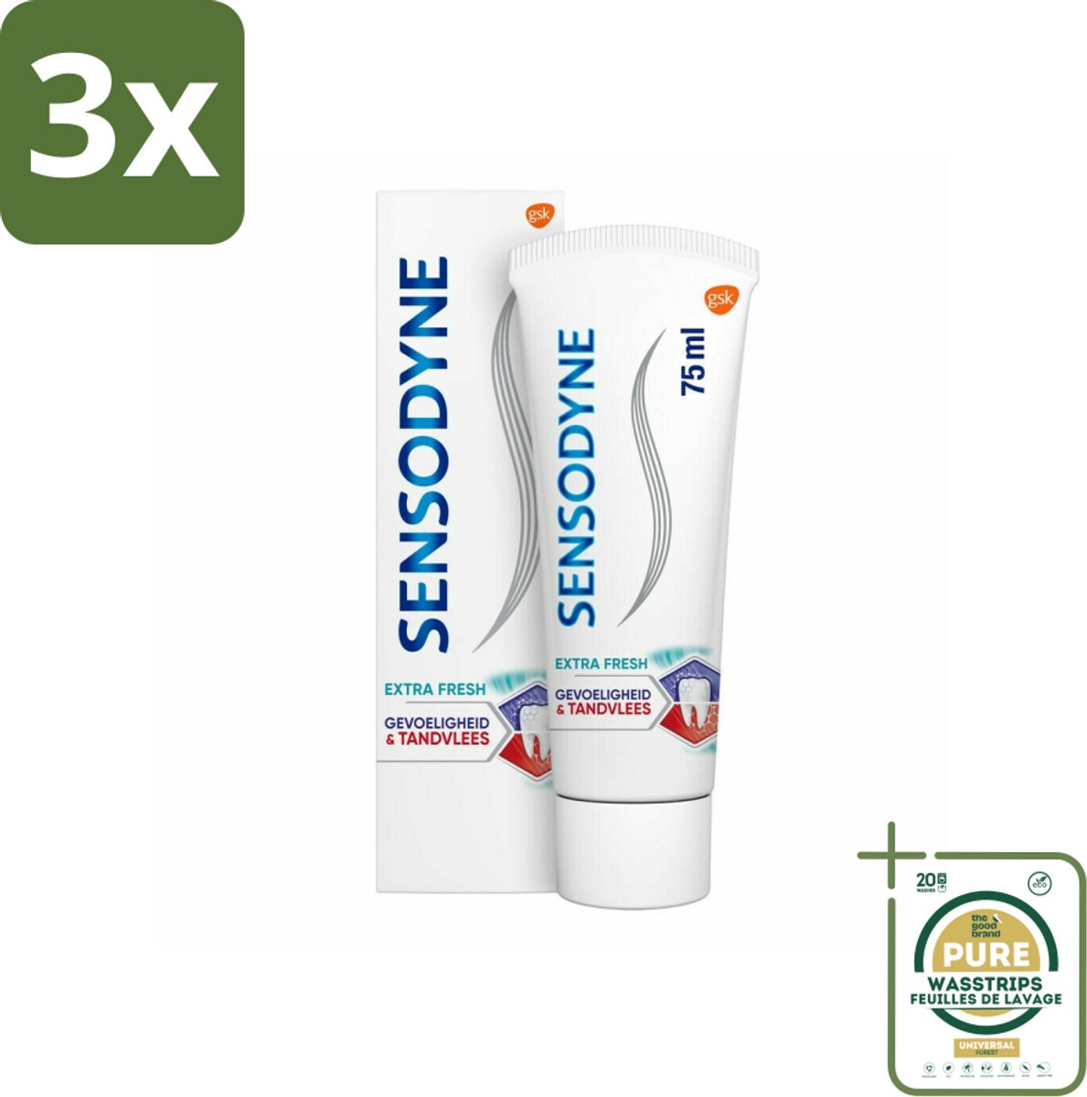 3 x Sensodyne - Tandpasta - Gevoeligheid & Tandvlees - Extra Fresh - 75 ml - Grootverpakking - Gevoelige Tanden - Gezond Tandvlees - Tandpasta - Tandplak - Frisse Adem