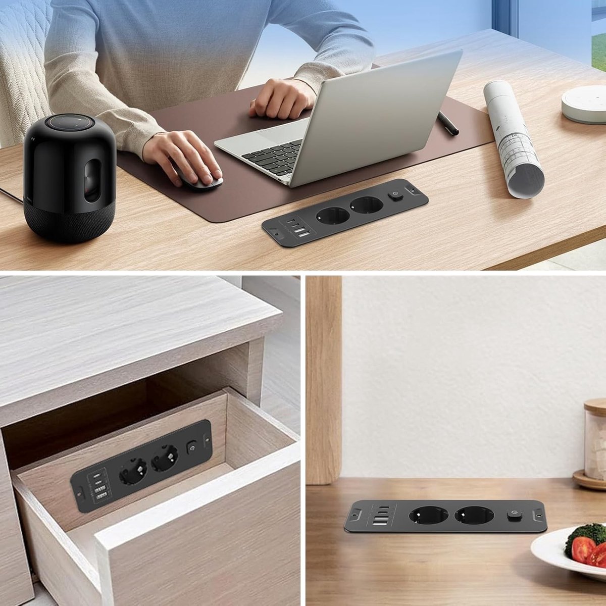 Verzonken Stopcontact - Wit - Inbouwstekkerdoos met USB-C en Schakelaar - Voor Tafel en Werkblad