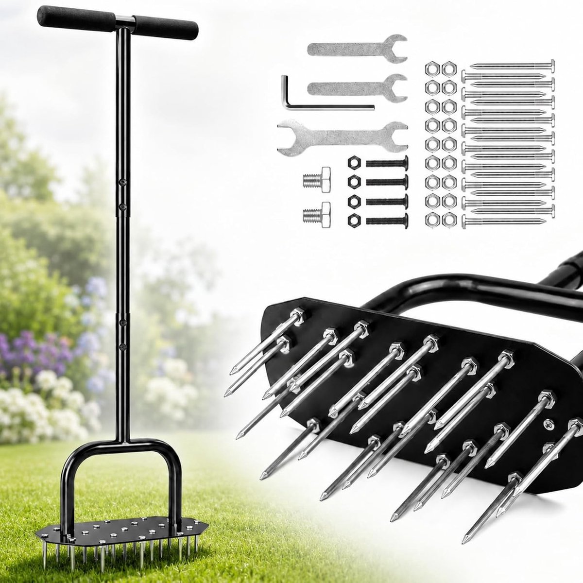 Handmatige Gazonventilator - Zwart - 74 cm - Hoogwaardige Beluchter met T-Greep en Brede Voetplaat - Voor Tuin en Gazon
