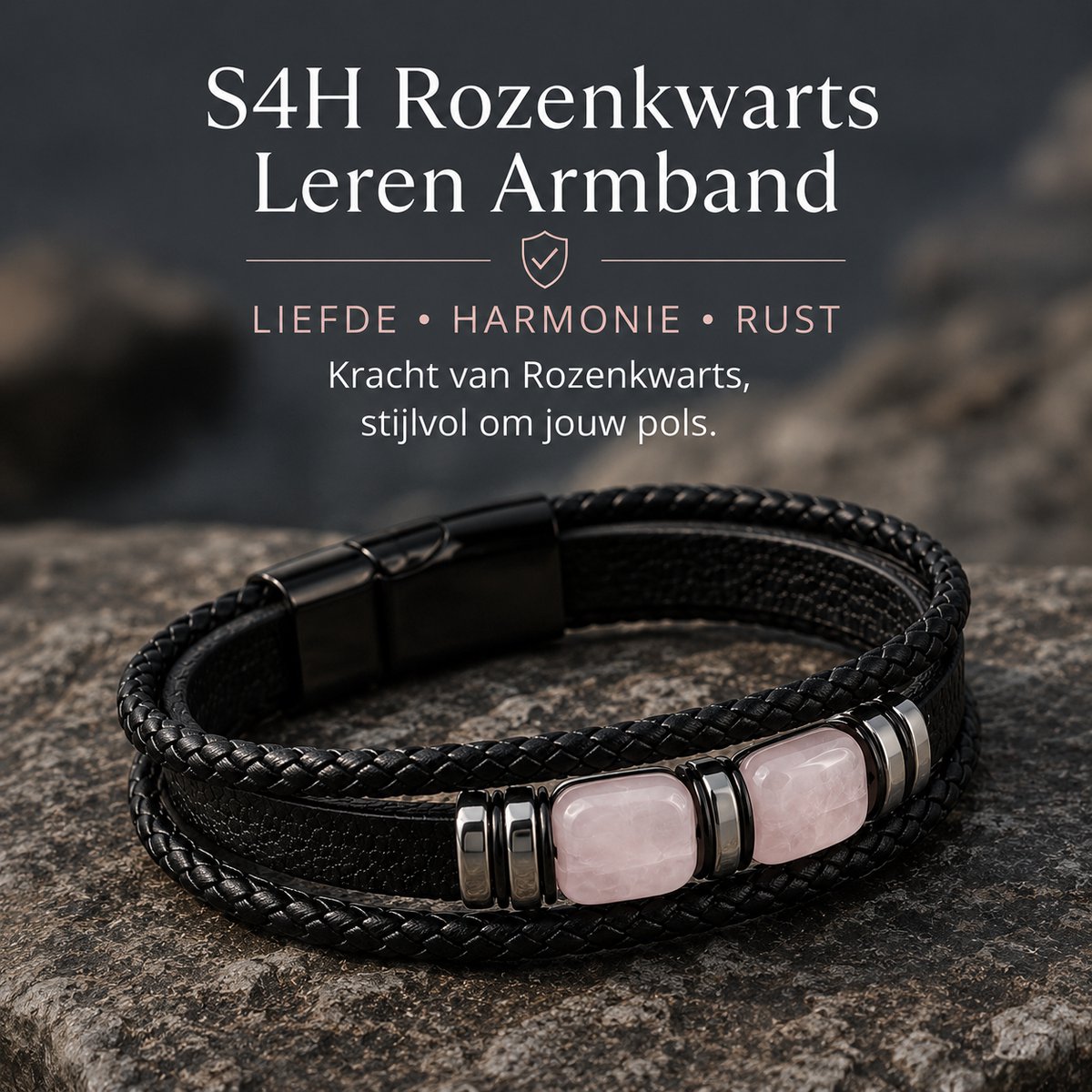S4H Rozenkwarts Armband – Zwarte Leren Armband met Edelsteen – Magnetische Sluiting – Dames & Heren – 19 cm