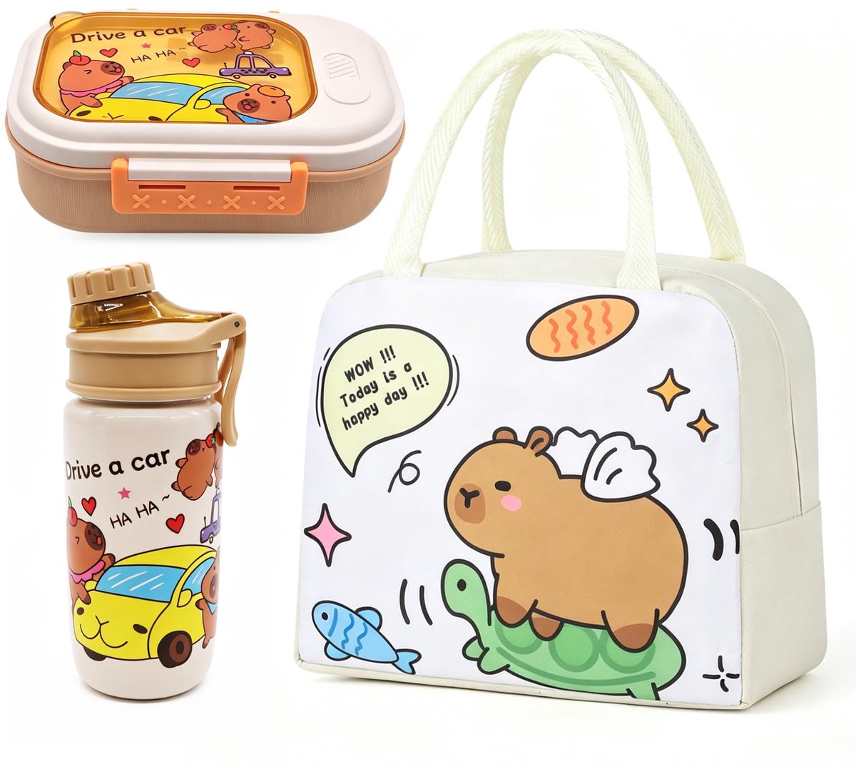 Lunchbox set - Lekvrije broodtrommel & fles - Weiße Kapibara 2 - Ideaal voor school - ShopVlot