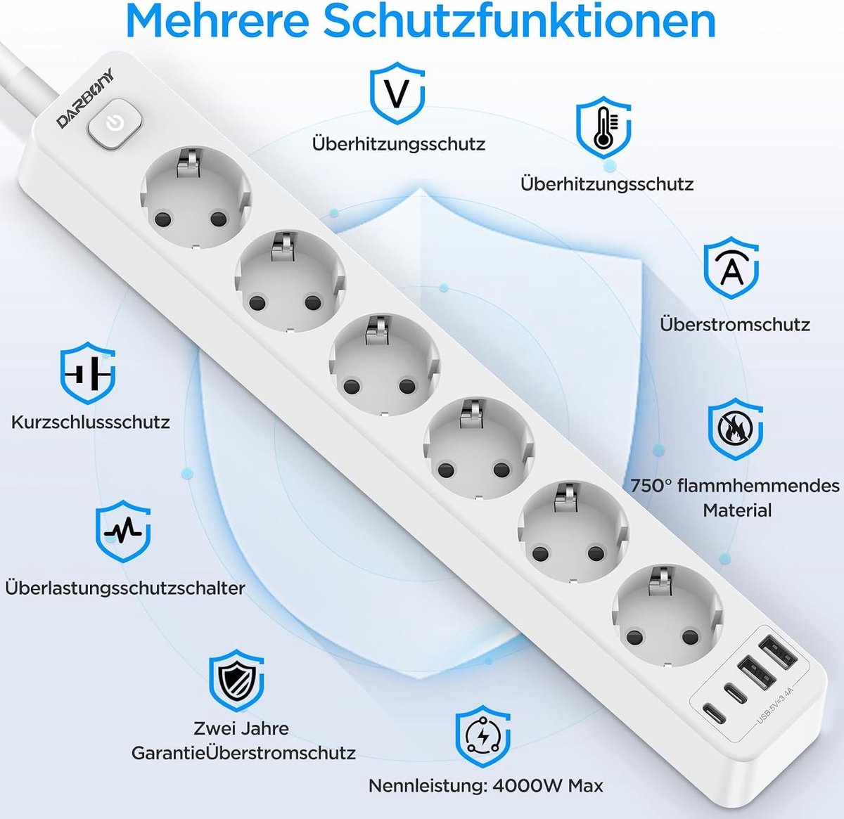 Stekkerdoos met 4 USB - Wit - Meervoudige Stopcontact met Schakelaar - Voor Thuis en Kantoor