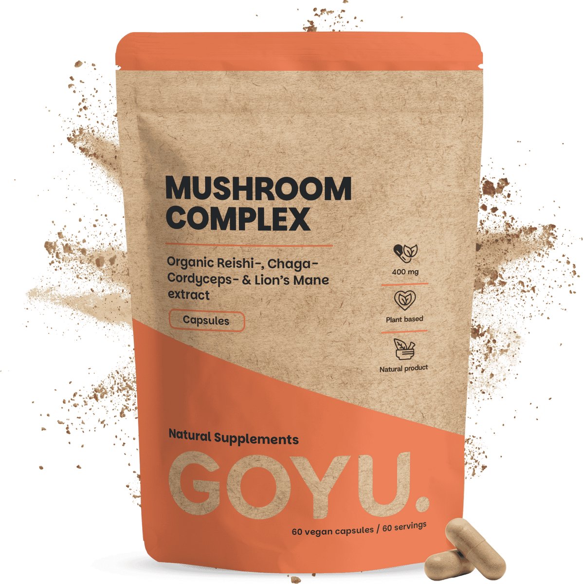 GOYU Paddenstoelen complex 400 mg 60 Capsules - Biologisch Extract Lion’s Mane lions mane, Cordyceps, Reishi & Chaga – Paddenstoel - Vegan - Zonder toevoegingen - Lab getest - 60 dagen voorraad per zakje