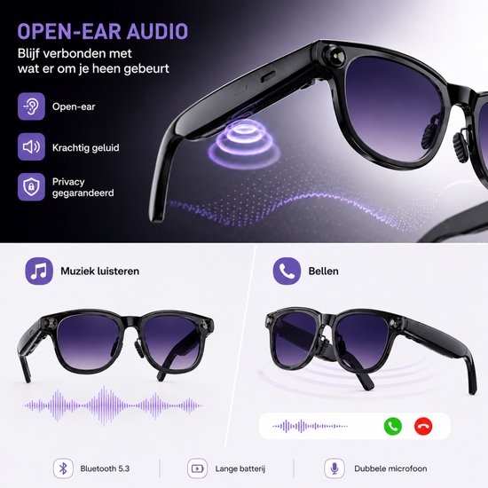 Royal Empire Smart Glasses Pro, Slimme Bril met Camera en AI Vertaling - NL App - Open-Ear Audio & Bellen - Inclusief 3 Verwisselbare Glazen - Zwart — afbeelding 3