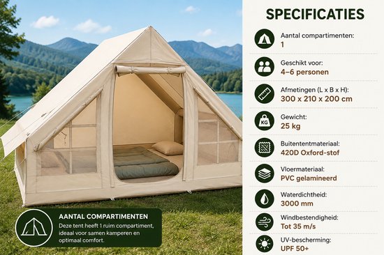 Bruinsma INEX Opblaas Tenten - Kampeertent - Opblaasbare Tent - 420D Oxford - Met Luchtpomp - 2-4 Personen - 300Lx210Bx200H CM - Beige — afbeelding 2