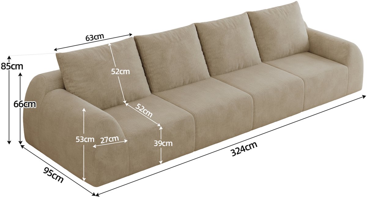 HAUSS SPOLE Zitbank - Moderne Chenille Bank - 4-Zits - Comfortabele Loungebank Voor Woonkamer En Appartement - Stof Khaki