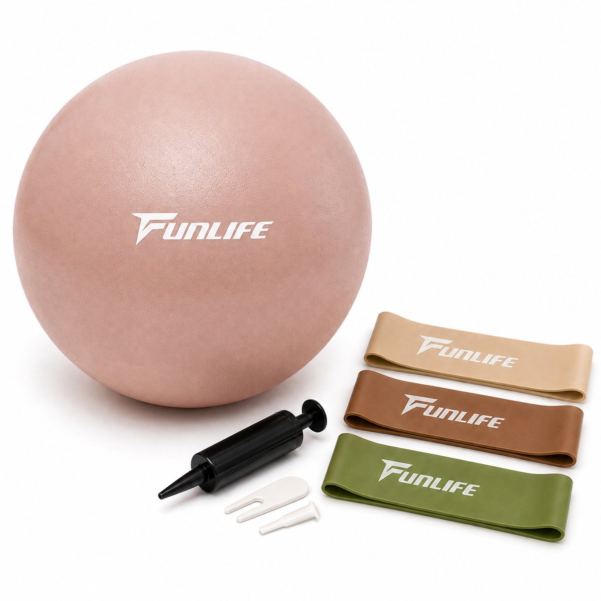 FunLife Pilatesbal Set 25 cm met Pomp en 3 Weerstandsbanden – Kleine Fitnessbal voor Pilates, Yoga, Core- en Balanstraining – Pink