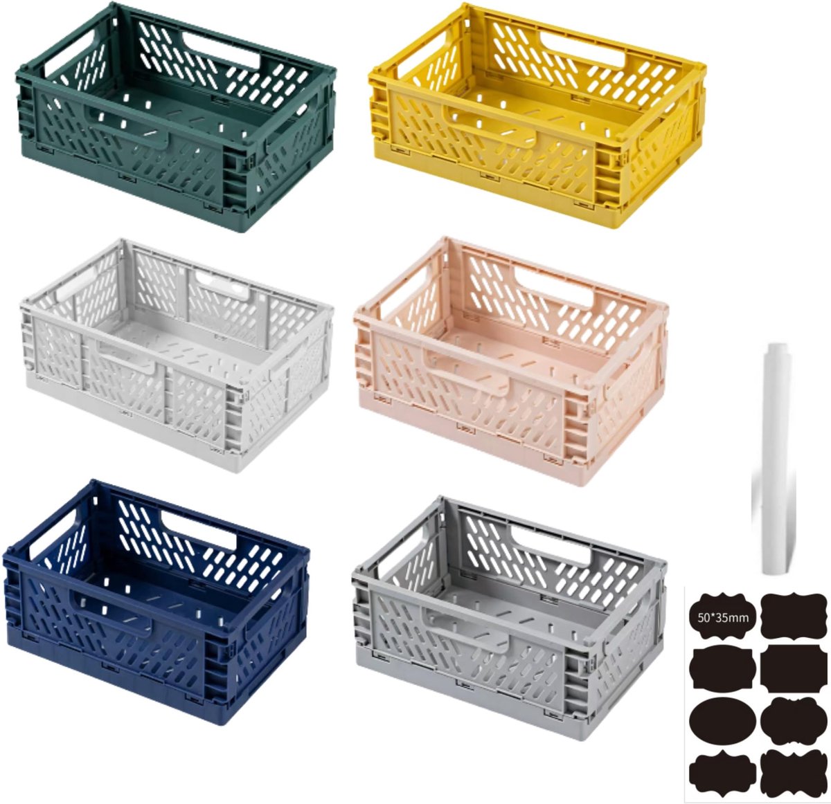Famanu – Set van 6 grote opvouwbare opbergdozen in zes kleuren, kunststof vouwdozen, stapelbare plastic opbergkratten, 30 x 20 x 12 cm, voor thuis, klaslokaal en kantoor