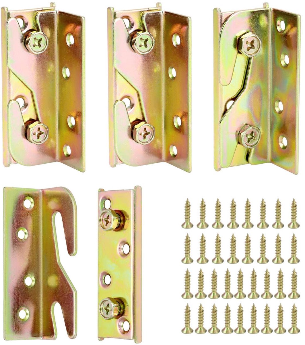 Famanu – 4-delige bedverbinder set, meubelverbinder met gegalvaniseerde ijzeren haken en schroeven, ideaal voor het verbinden van bedden
