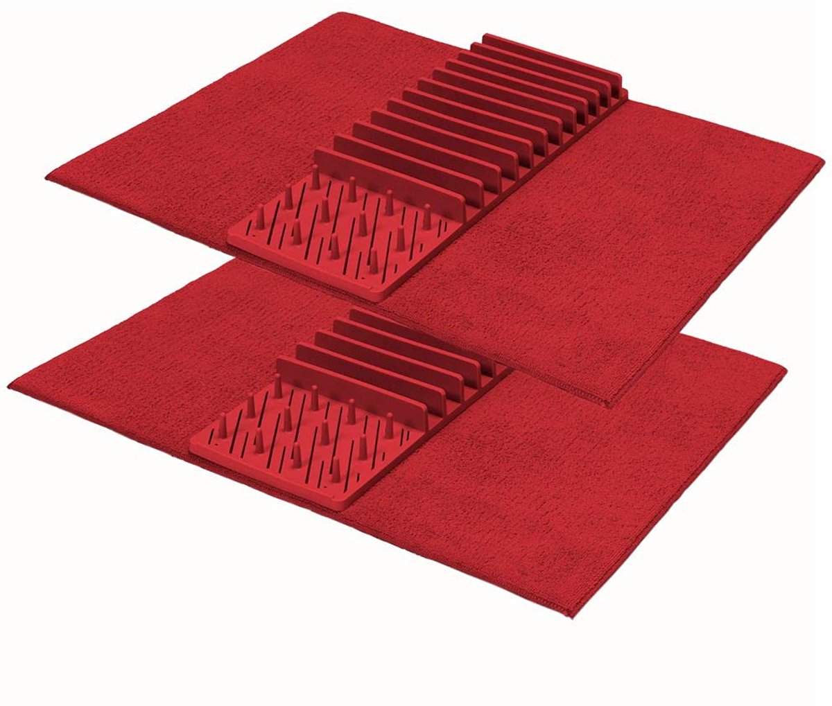 Famanu – Opvouwbaar afdruiprek set van 2 stuks met afdruipmat, ideaal voor het afdruipen van vaat in de keuken, kleur: rood