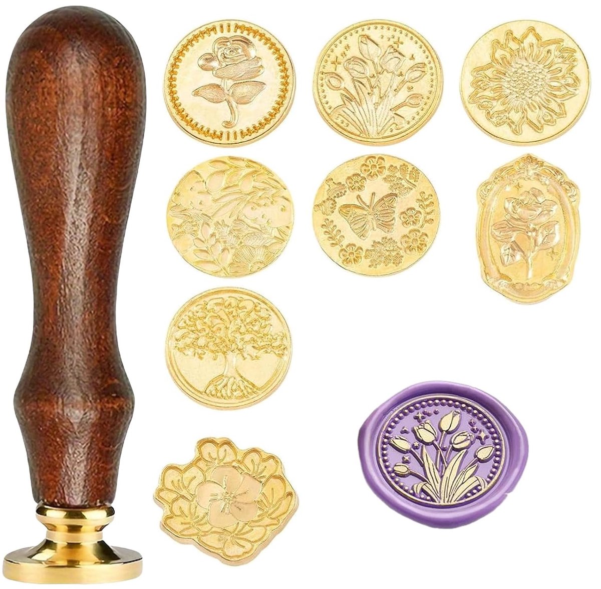 8 stuks ronde bloemvormige waszegels + 1 houten handvat Satiskid met 8 verwisselbare koppen voor huwelijk, uitnodigingen en cadeaus