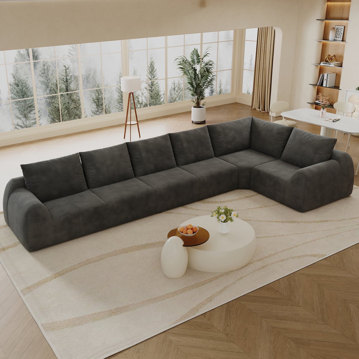 OKWISH Hoekbank 6-Zits 401 cm – L-Vormig, Zonder Montage, Met Zachte Hoge Veerkracht Vulling – Voor Woonkamer – Chenille – Donkergrijs
