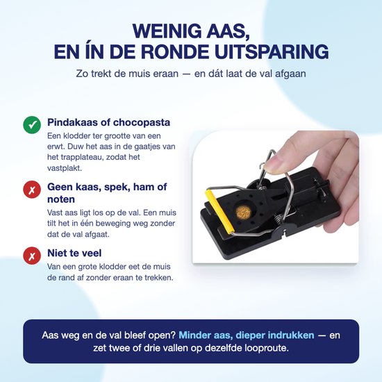 Zwarte muizenval met gele hendel. Hand plaatst pindakaas of chocopasta in ronde uitsparing.