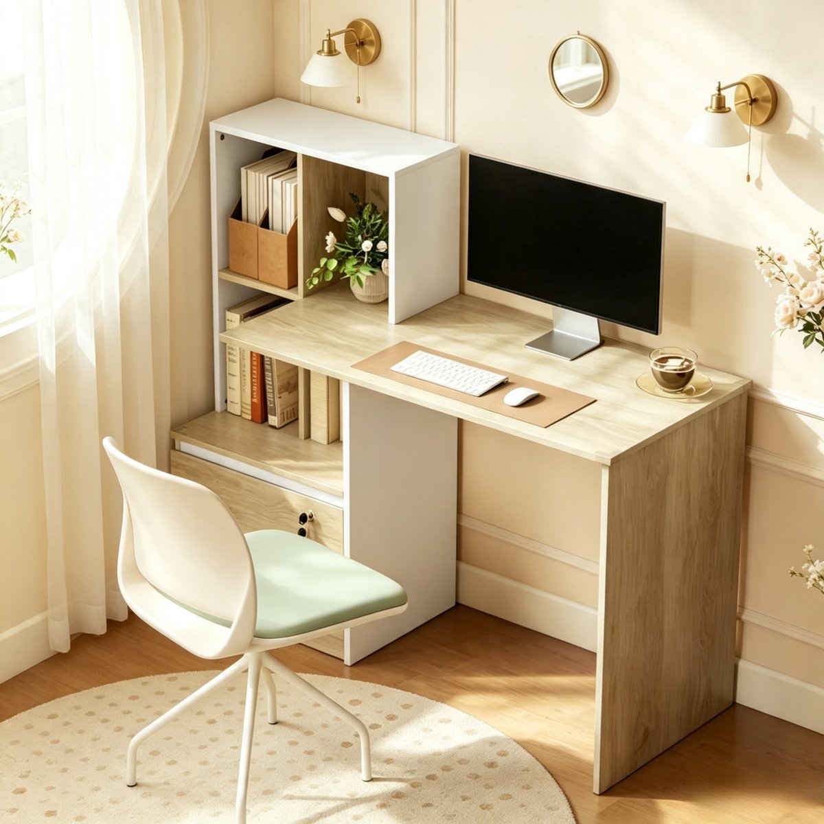 Bureau - met laden en opbergruimte - wit en licht eiken - afmetingen 126 x 50 x 109 cm - materiaal spaanplaat - voor een praktische werkplek