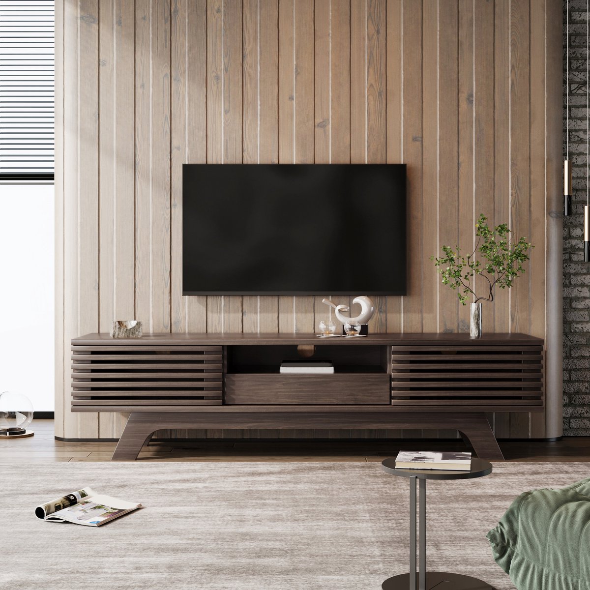 Welltin TV Meubel - Groot - 150 cm - TV kast - Uniek design - Met 1 Lade en 2 deuren - Vintage - TV laag paneel - TV paneel - Walnootkleurige houtkleur
