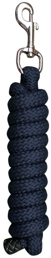 Donkerblauw touwhalster met zilverkleurige karabijnhaak.