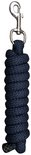 Donkerblauw touwhalster met zilverkleurige karabijnhaak.