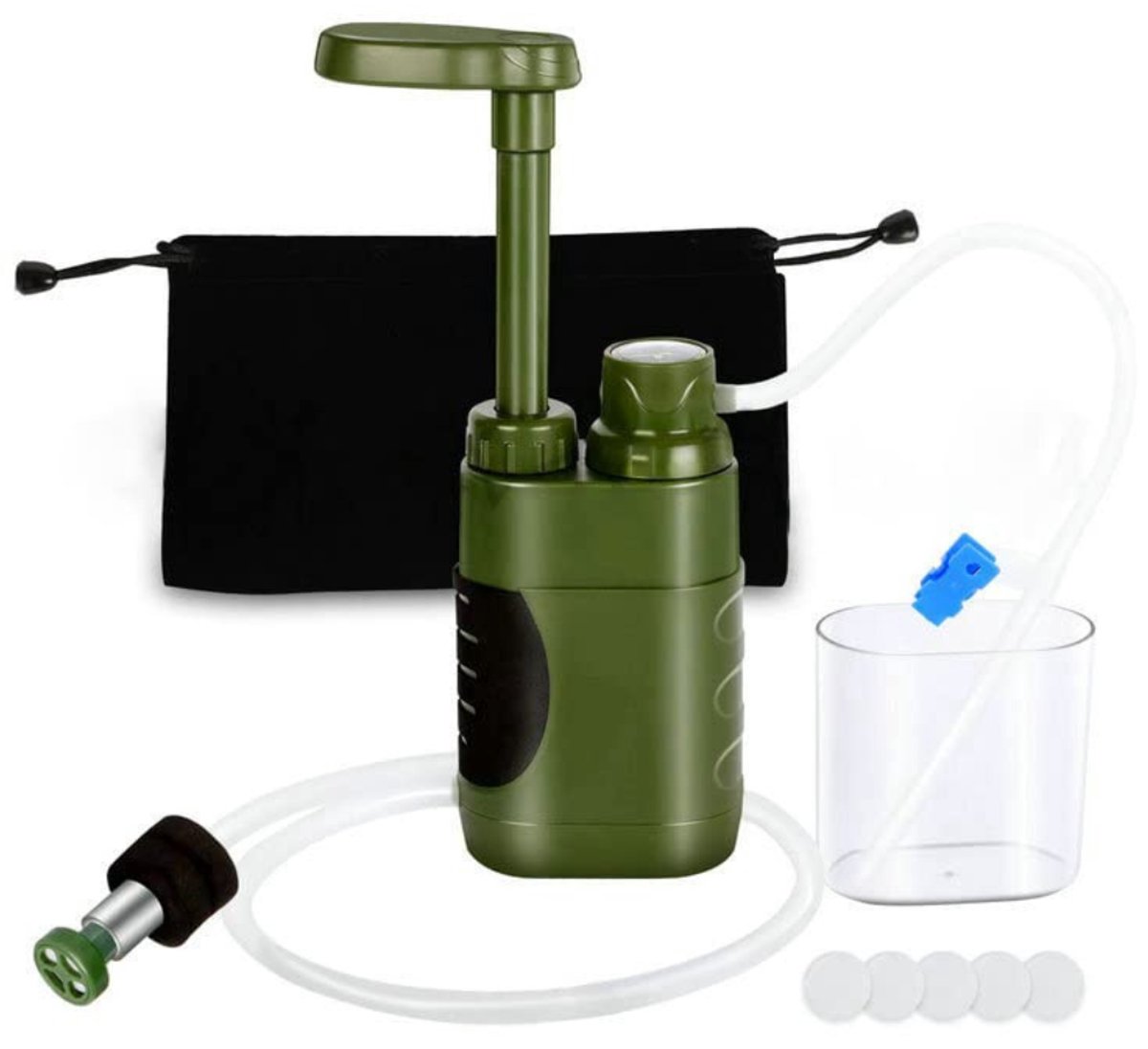 QUOVO® Waterfilter Survival – Survival Kit - Water Filter – Zuiver en Schoon Drinkwater – Gemakkelijke Bediening - Waterzuiveringsapparaat – Outdoor – Kan Tot 3000 L Water Filteren – Professioneel Waterfilter - Legergroen - 9cm x 5cm x 24cm