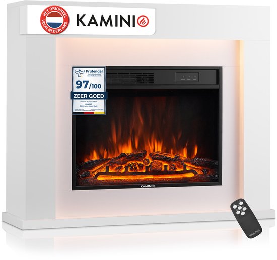 Witte KAMINIO elektrische haard met een gedetailleerd vlammeneffect en een bedieningspaneel. Een afstandsbediening ligt ernaast. Beoordeeld als 'Zeer Goed'.