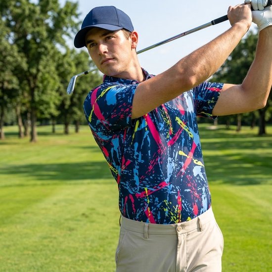 Marineblauw Golf Polo Shirt Heren Maat M Korte Mouw Sneldrogend Vochtregulerend Casual Sportief Abstract Graffiti Print Golfshirt — afbeelding 3