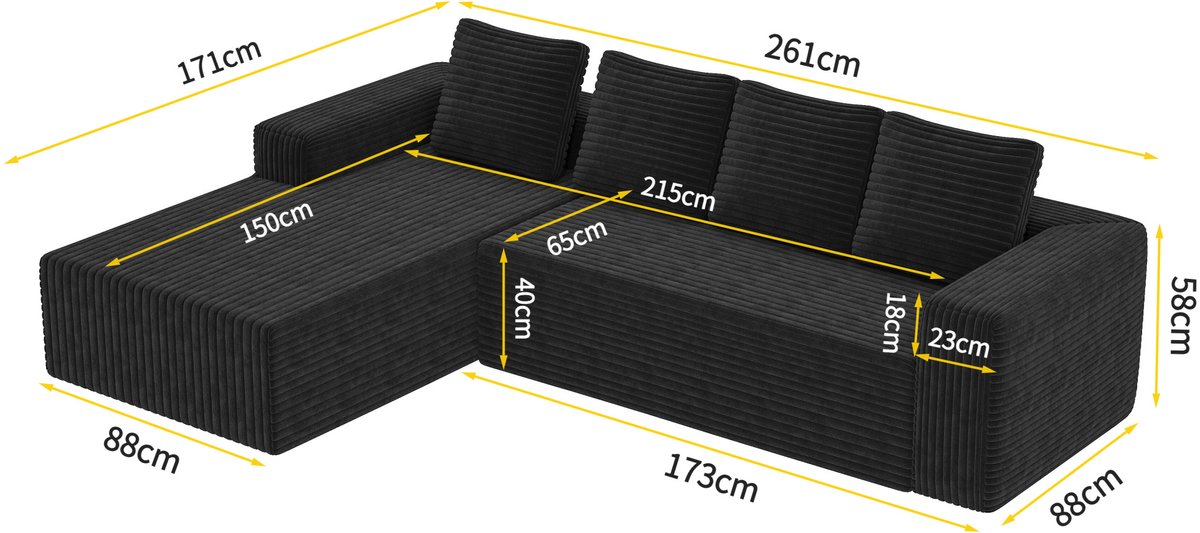 DESMIU Hoekbank 5-Zits - Modulaire L Vormige Bank Met Chaise Longue - Voor Woonkamer, Appartement En Slaapkamer - Stof - Zwart