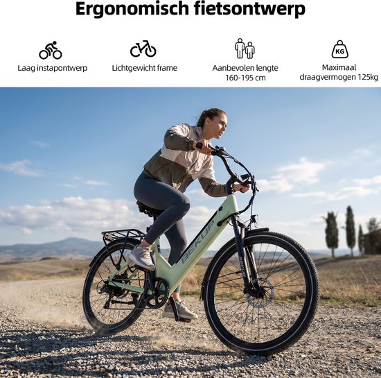 Bekup V1 Elektrische stadsfiets - 26 inch lage instap - 522Wh lange actieradius accu - 250W achterwielmotor - 45Nm koppel - Shimano 7 versnellingen - Schijfremmen voor en achter - LCD-display - Geveerde zadelpen - Pistachegroen — afbeelding 4