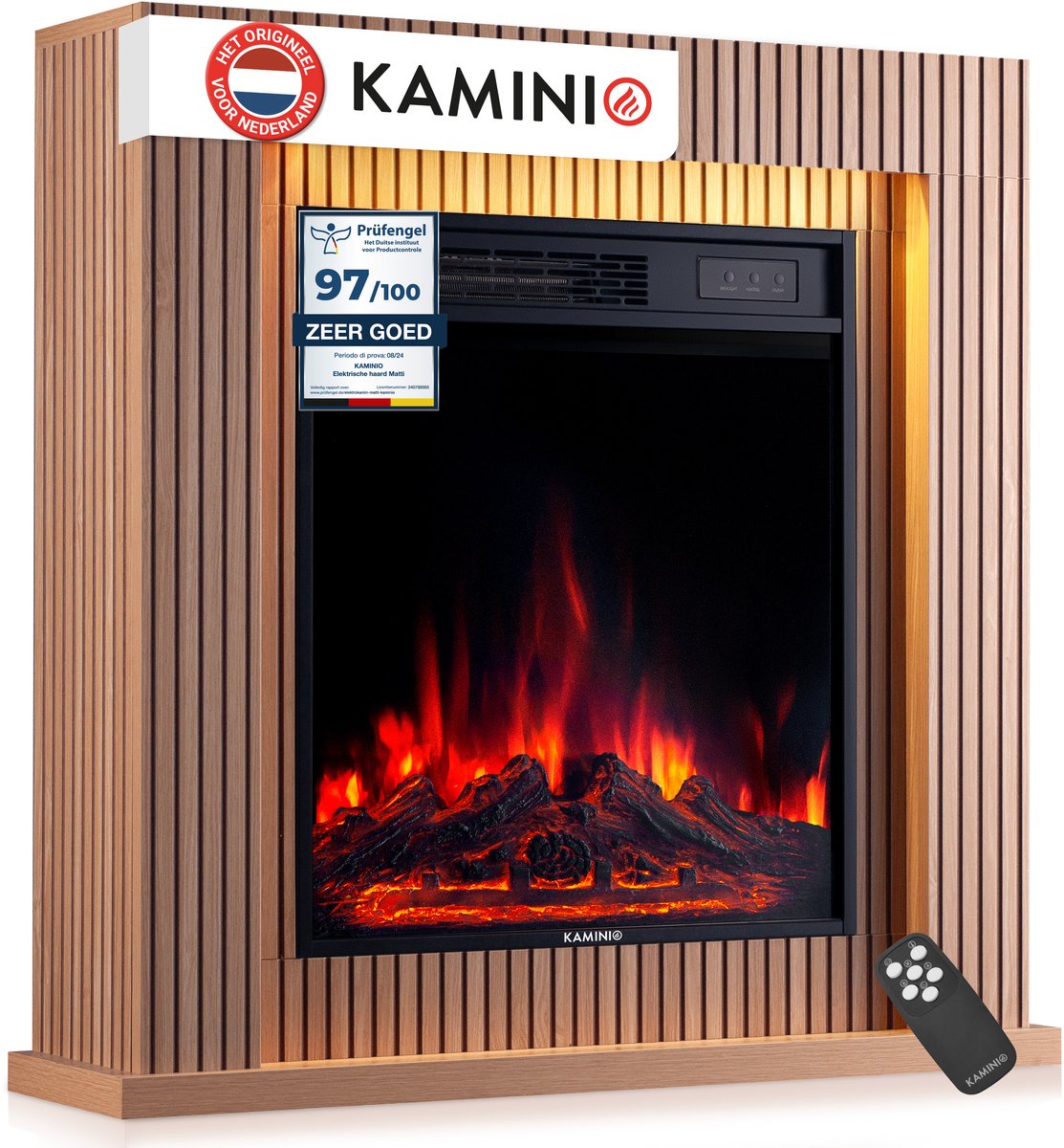 KAMINIO® Matti MODERN 32-paneels elektrische haard met verwarming [Vrijstaande haard] - Elektrische haard, vrijstaand met schouw, 3D-vlameffect in 5 standen, LED-sfeerverlichting, timer, thermostaat, afstandsbediening