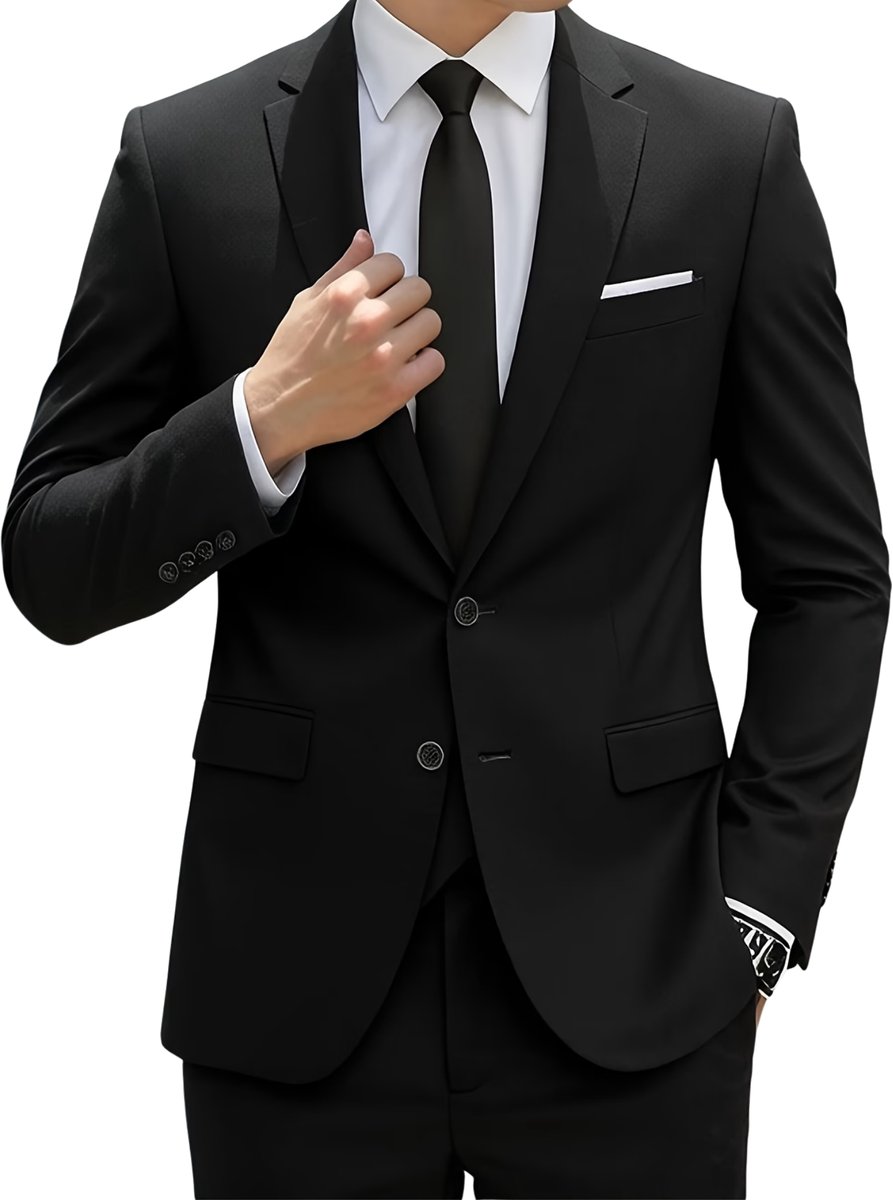 Currero 3 Delig Herenpak Met Overhemd - Suit 2 Delig - Tailored Fit Kostuum - Business Pak - Trouwpak - Smoking - Tuxedo Stijl - Bruiloft, Kantoor & Feest - Zwart M