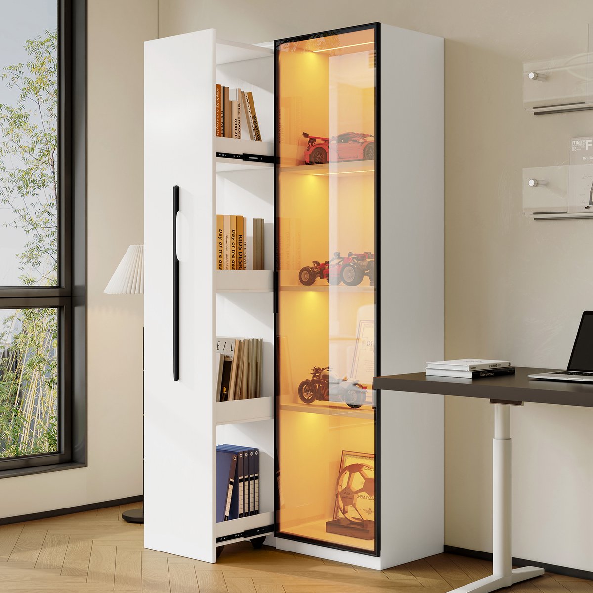 Sweiko Vitrinekast - Glazen deuren - Aluminium frame - Zijladekast - LED-verlichting - Wit