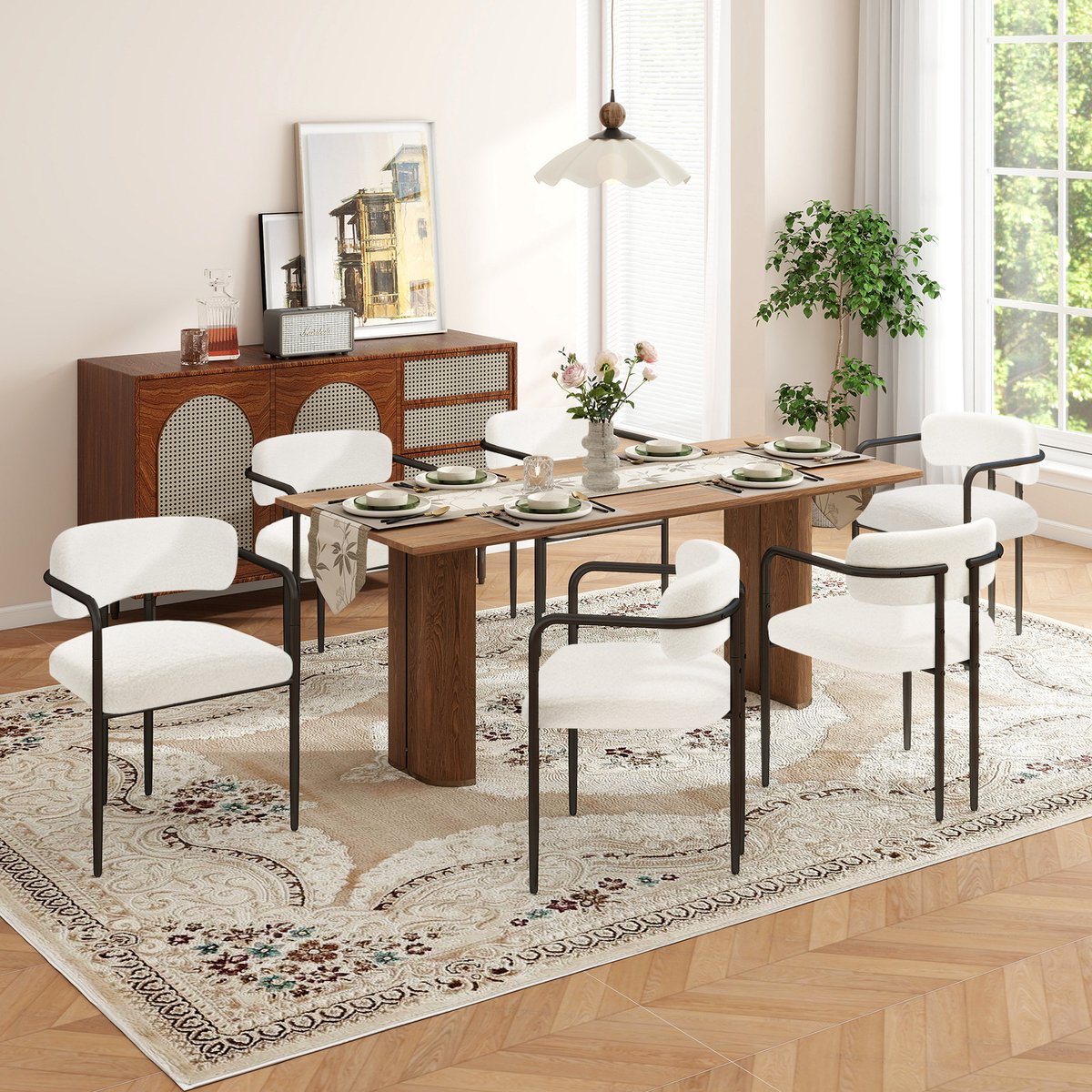 Puluomis - Eetkamerstoelen - Set van 6 - Teddy Fleece - Metalen poten - Gevoerde zitkussens - Wit