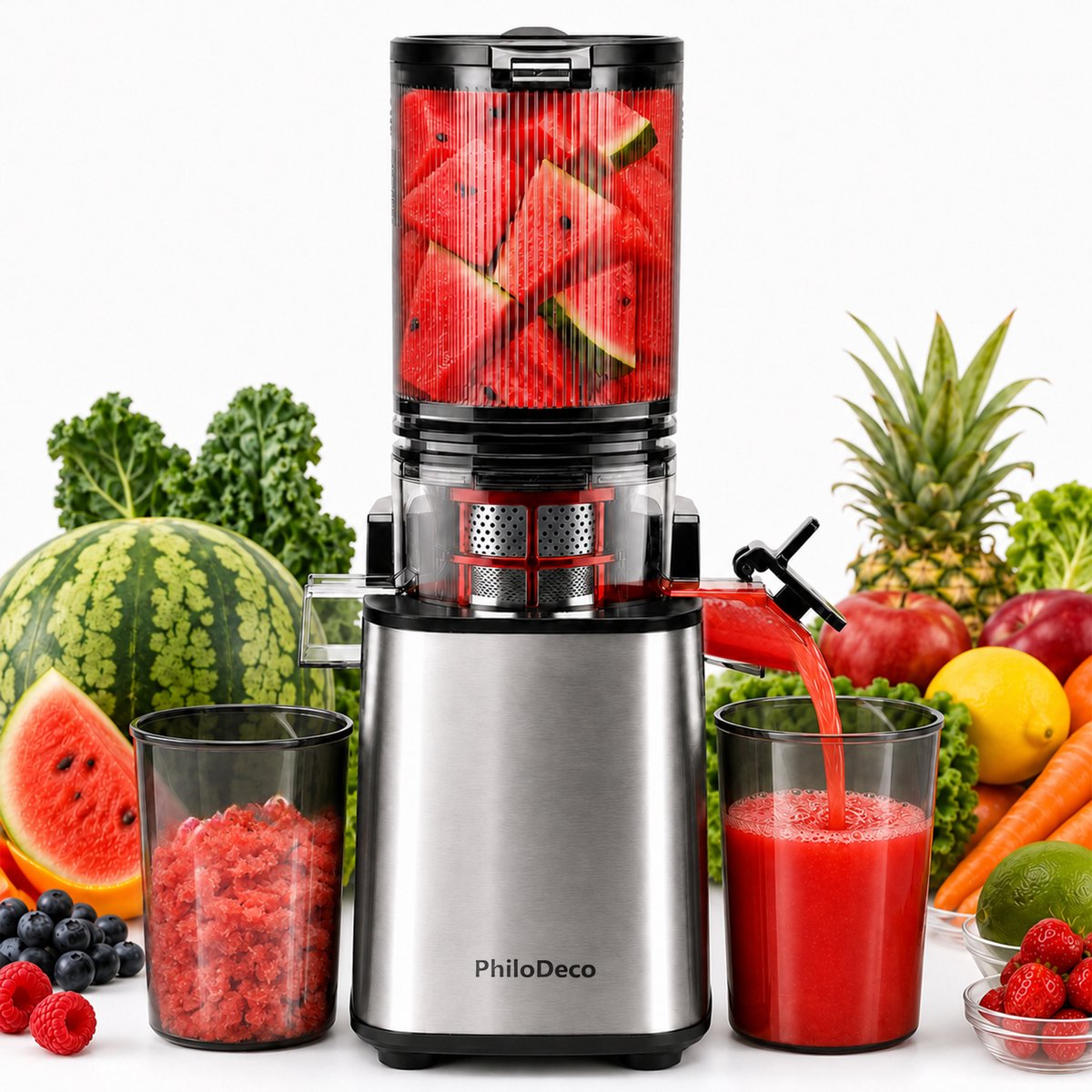 PhiloDeco Koudpersjuicer - sapcentrifuge - slowjuicer voor thuis-110mm extra brede vulopening-stille 250W motor-REV omkeerfunctie-eenvoudig te reinigen